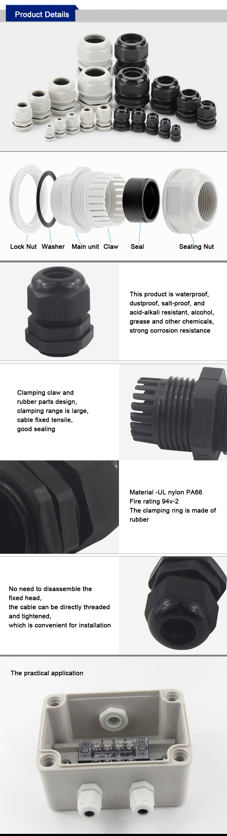 Water-proof Nylon66 pg cable gland with different thread size ,flat waserCable Gland