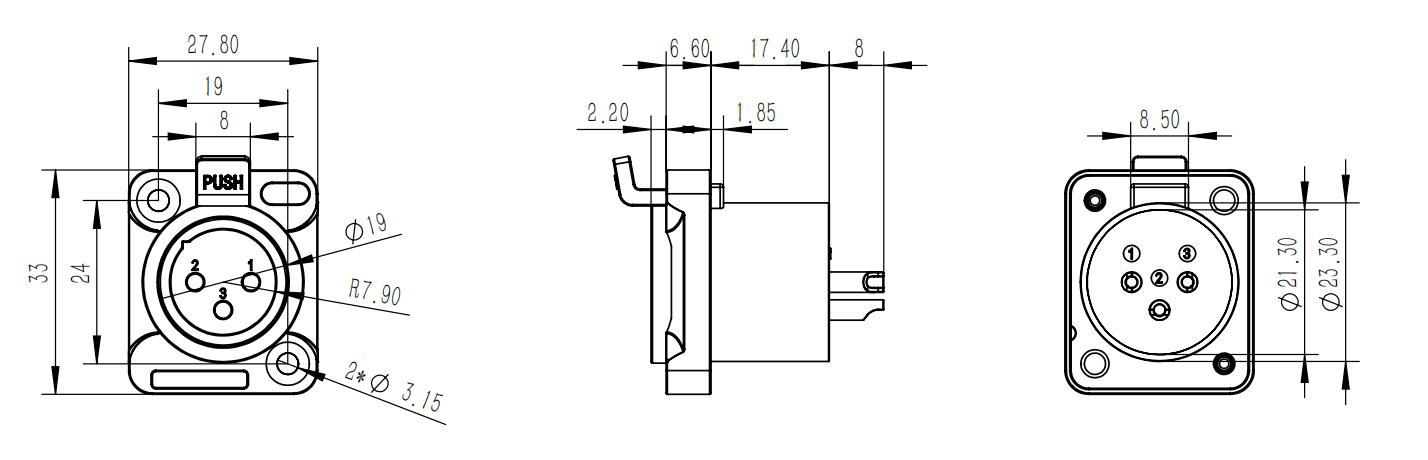 Mini XLR Female Connector Socket 3 Pin Connector Waterproof Outdoor