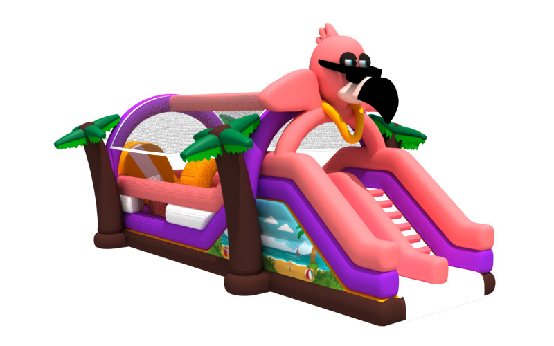 Trapaulin Flamingo Cartoon Theme Inflatable Obstacle Course Bouncer And Slide Combo For Kids Rental