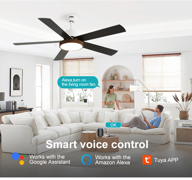 Smart Control LED Ceiling Fan with Light 52-inch 5 MDF Blades and 35/60W Motor Wattage