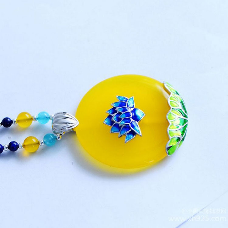Lapis Lazuli Gemstone Strand Necklace with Enamel 925 Silver Yellow Chalcedony Charm (XH057270W)