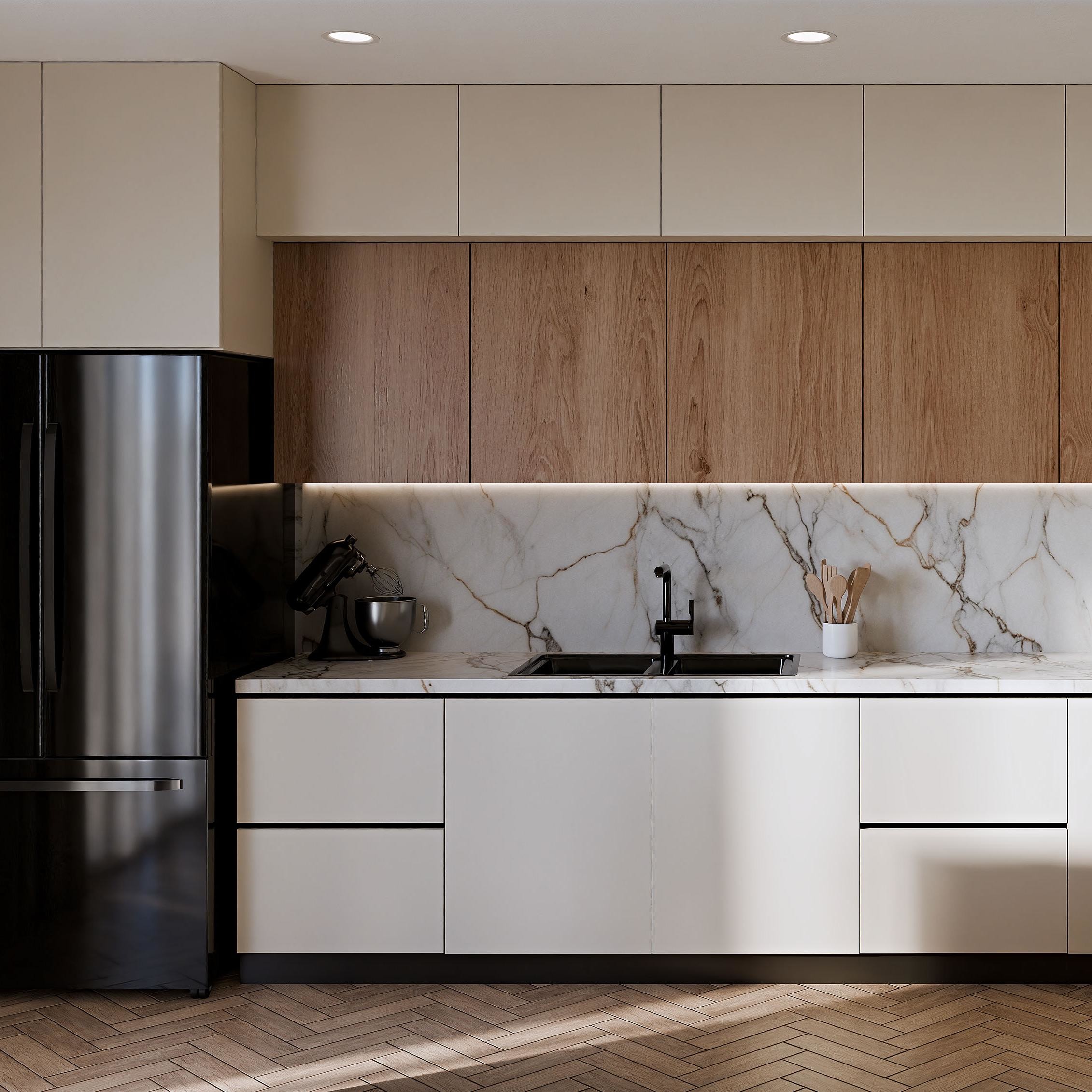 Customized Complete Modern Matt Finish Melamine Wood Grain Kitchen Cabinets For Apartment Projects