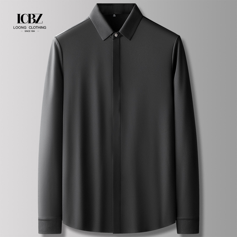 LCBZ Custom Logo Luxury Striped Silk Men's Shirt Covered Button Closure for Winter