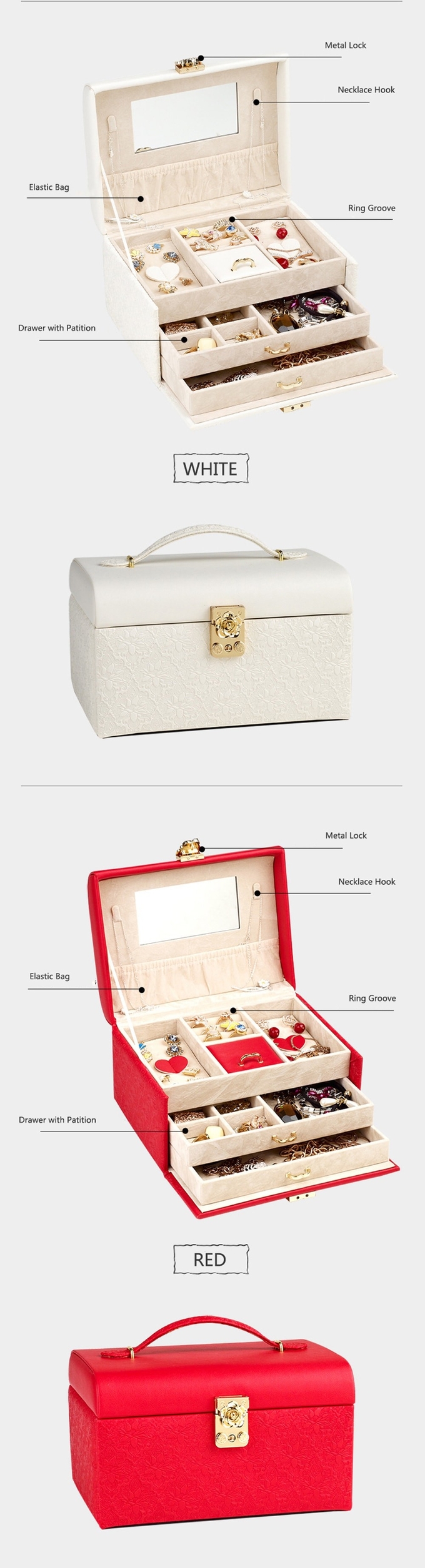 3 Tier Portable Travel Jewelry Case , Lockable Portable Earring Display Cases Synthetic Leather