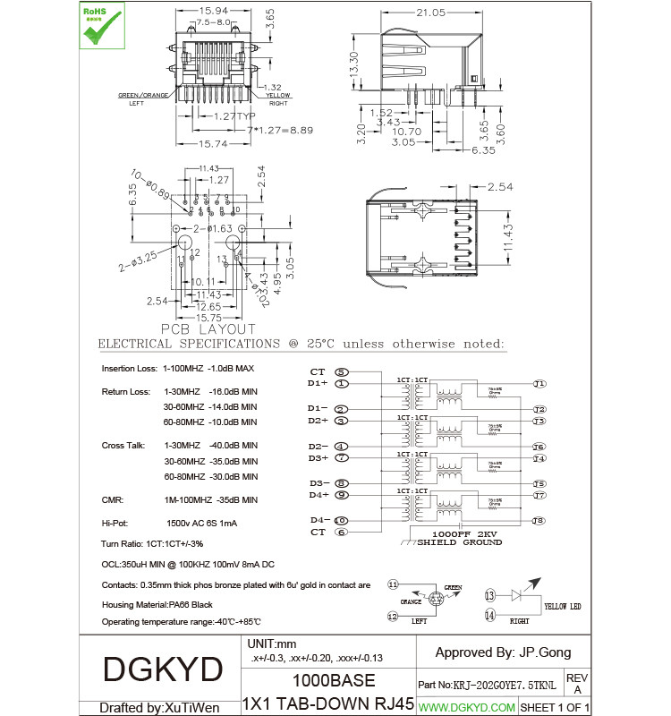 Fiber Optic Transceivers RJ45 Magnetics connector gigabit network HR911130A OEM