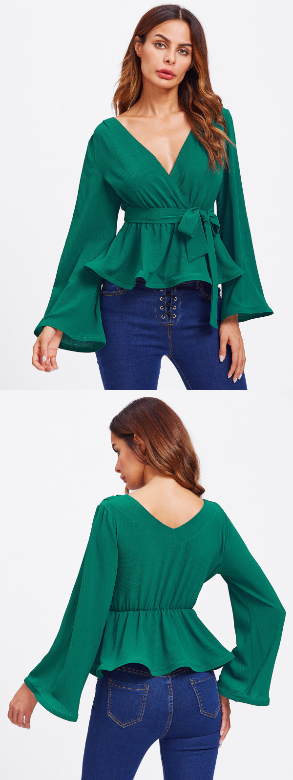 Bell Sleeve Wrap Blouse with Deep V Neck