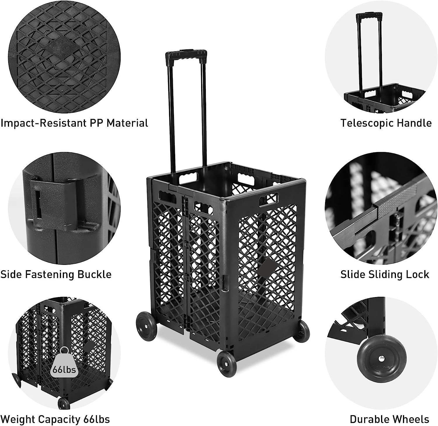 Wheels Rolling Crate - Collapsible Rolling Cart with Lid Folding Teacher Rolling Box Carrier with Handle Shopping