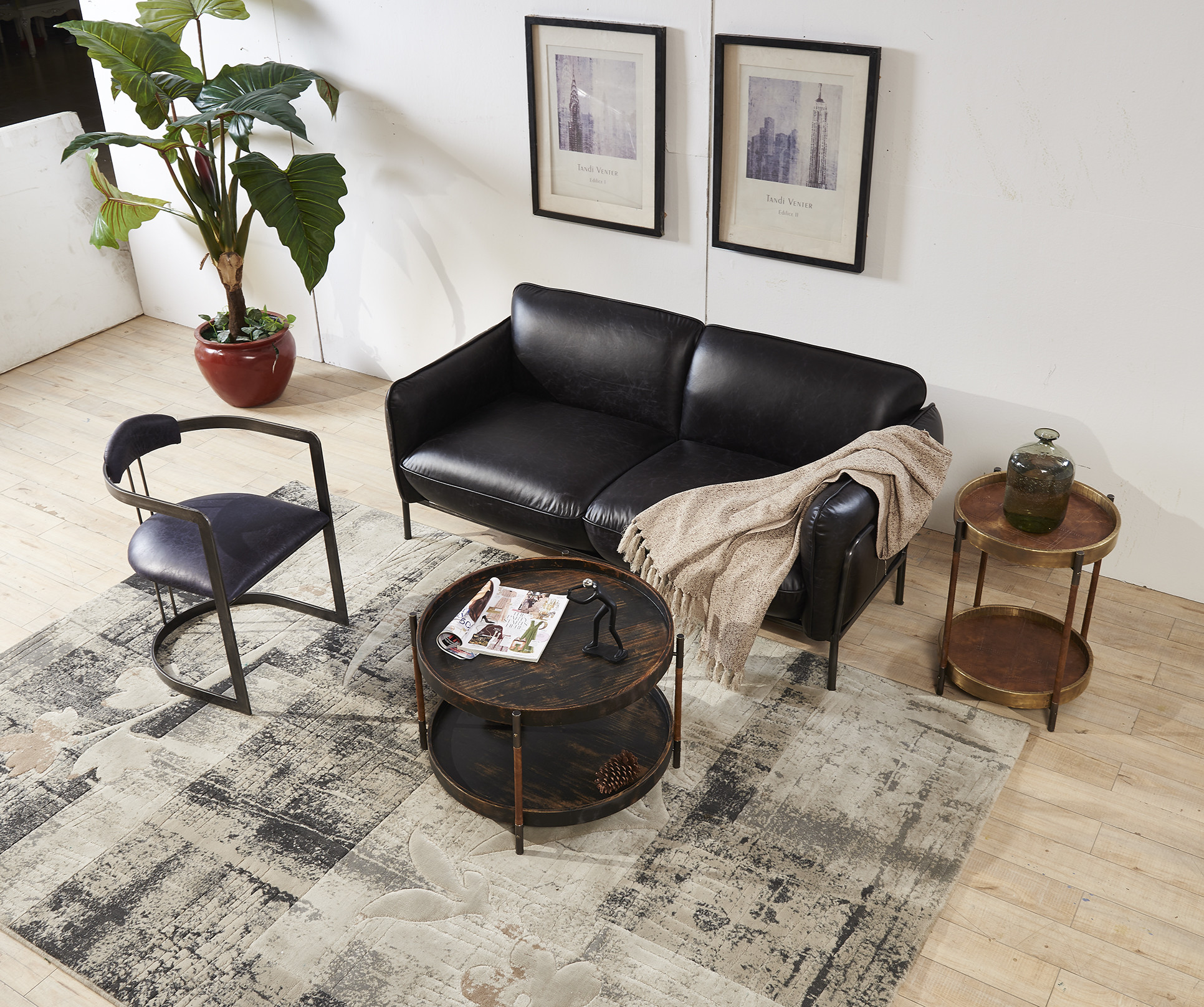Antique Slate Color Black Leather Two Seater Sofa Bed With Steel Frame Old Finishing