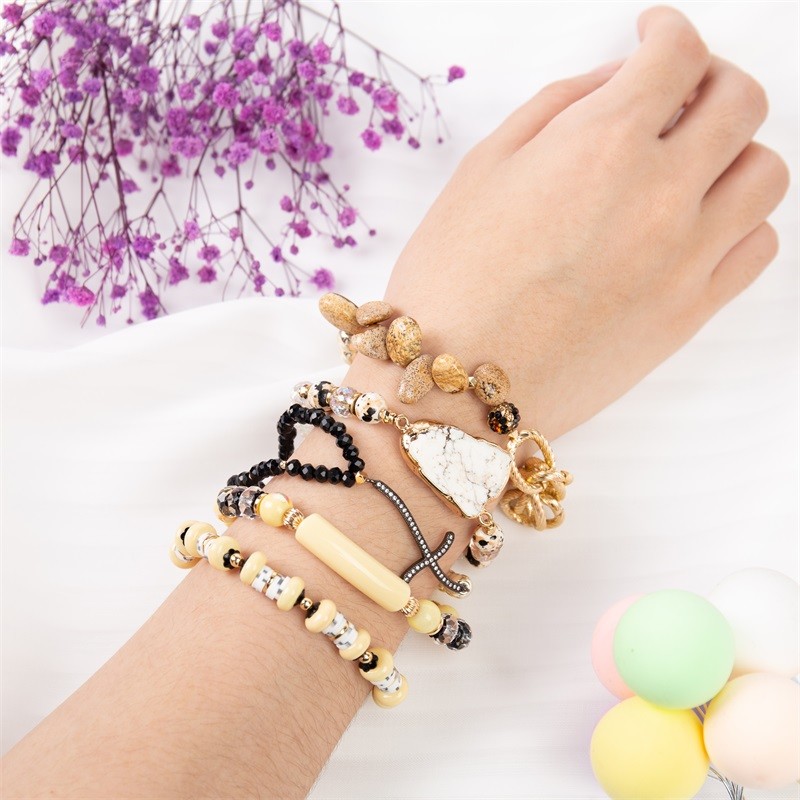 Yellow Plastic Bar Handmade Beaded Bracelets Elastic With Silver Glass Beads