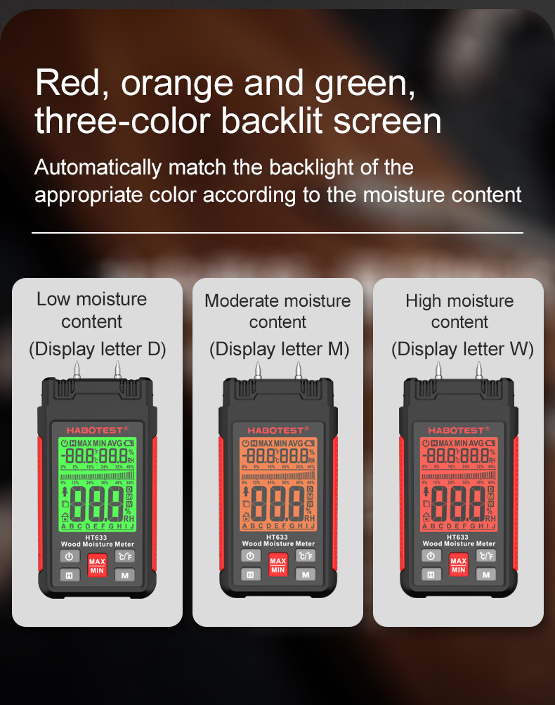 HT633 Wood Moisture Meter Pin Type Digital Moisture Detector Ambient Temperature Humidity with LCD Backlight Display