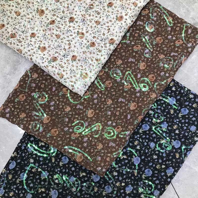 Floral Chiffon Embroidered Print Sequin Fabric Polyester Glitter