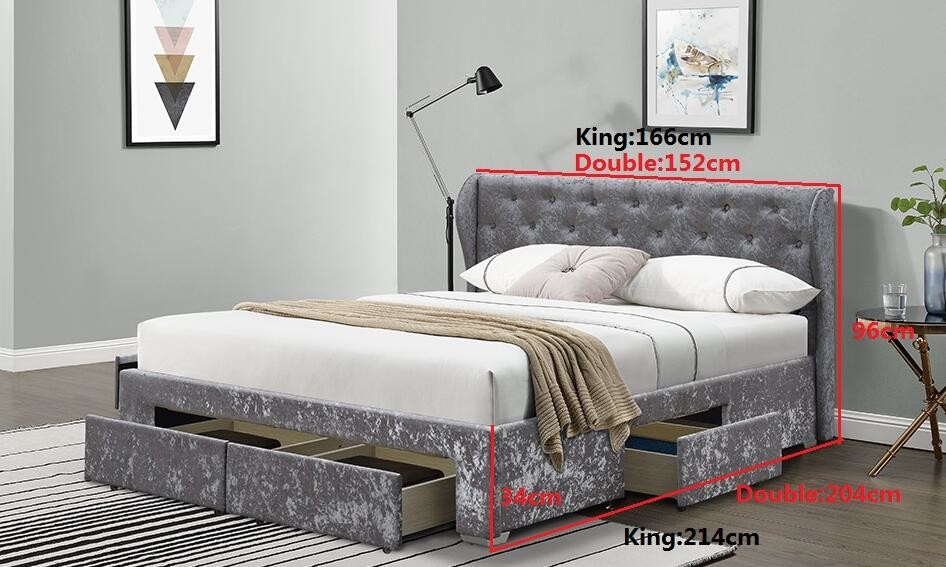 Fabric Tufted Storage Bed Crushed Velvet Silver Ottoman Drawer OEM Double Size Upholstered
