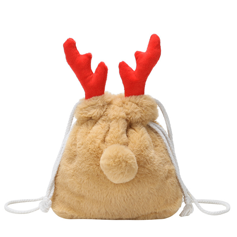 Luxury Christmas Drawstring Bag Winter Fluffy Reindeer Antler Handbag