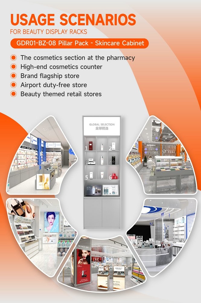 GDR01-BZ-08 Skincare Display Pillar with Grey Over-Oil Board and Soft Film Light Box for High-End Brand Sales Counters