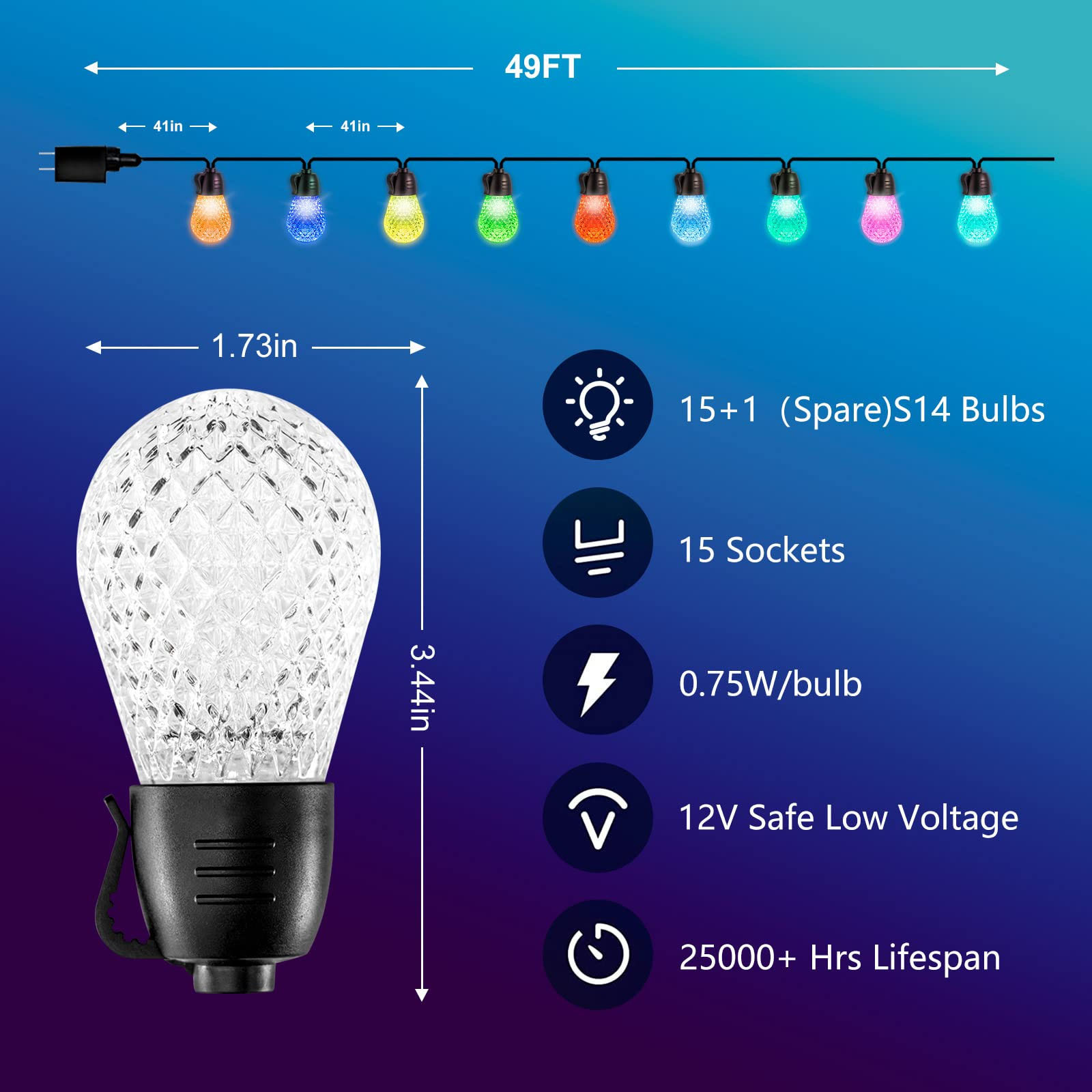 Dimmable 48ft RGB String Light Waterproof DC12V 15 Bulbs App Control