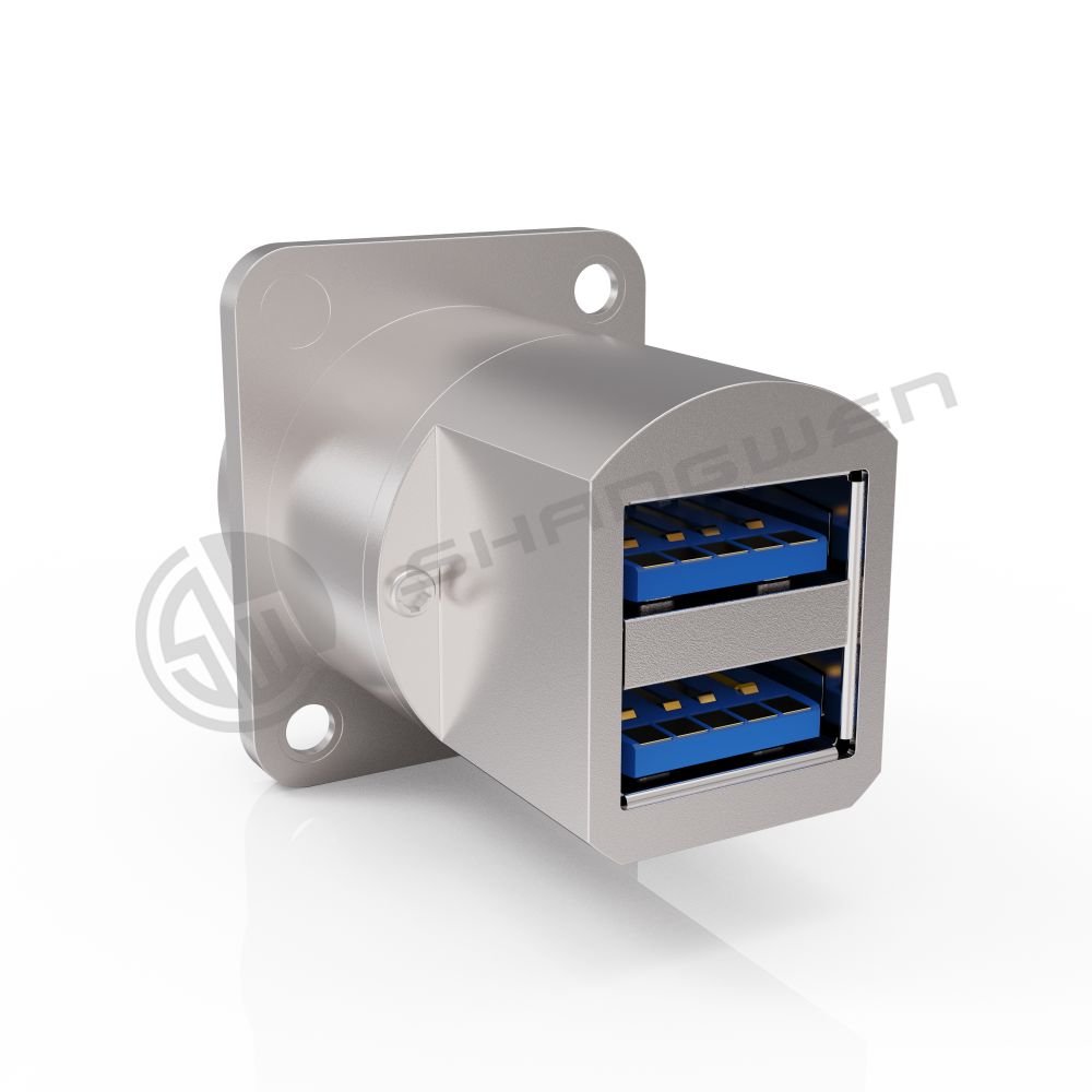 Double Port Panel Mount Connector Waterproof 9 Pin Shielded USB Connector