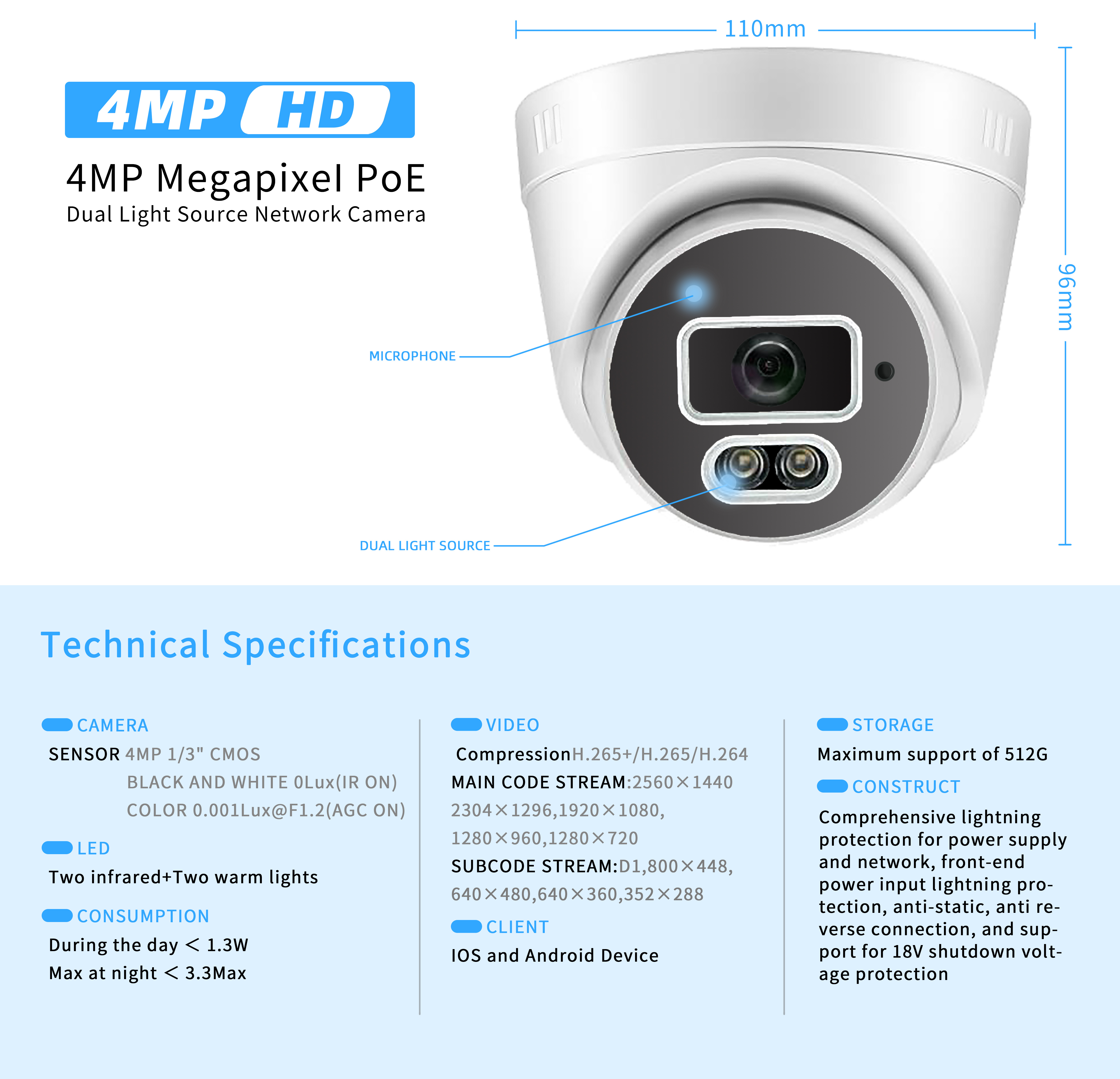 Cctv System Hd 4mp Monitor Motion Tracking Audible light Alarm Dome Camera Audio Input Output Network Camera