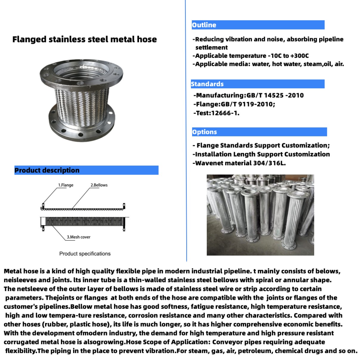 DN32 DN3000mm Lp Gas Radiator Stainless Steel Braided Hose Flanged Metal