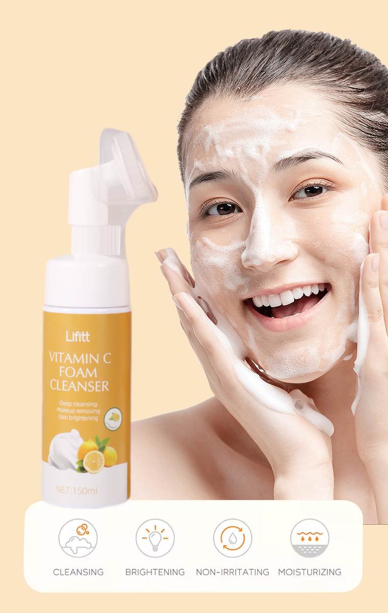 Private Label Vitamin C Liquid Facial Cleanser Hyaluronic Acid Aloe Vera Face Wash Mousse Remover Acid Cleansing Foam Mousse