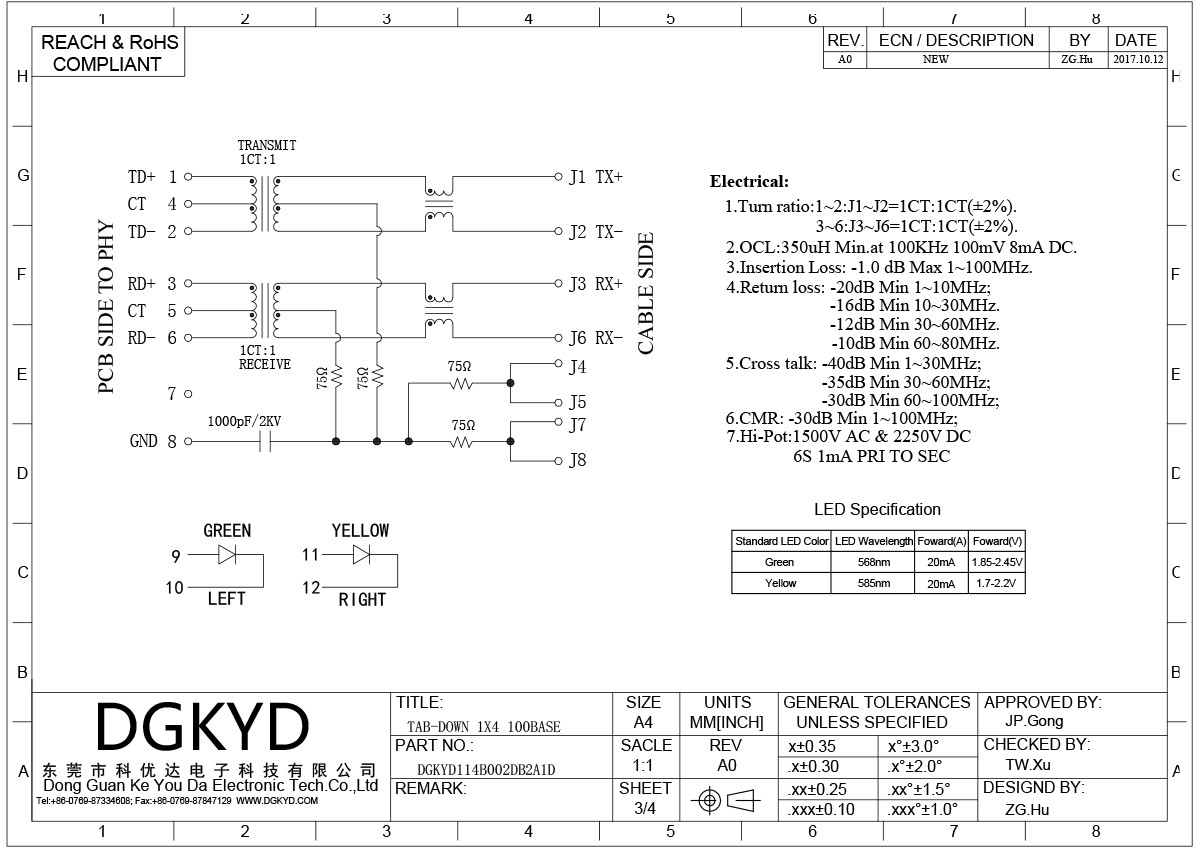 RJ45 Connector 1X4 100Mbps Ethernet Socket With Light And Shielded Ethernet Interface DGKYD114B002DB2A1D