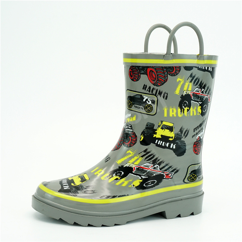 Kids Insulated Rubber Sole 3D Truck Printed Rain Boots With Handle Straps