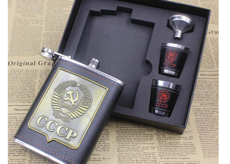 Kitchen Household Items Leather Patch 8oz Hip Flask Wine Set Russian Style