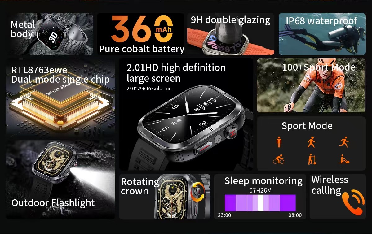 MK68 AMOLED Full Screen Men Smart Watch With BT Call Health Management 360mAh Battery