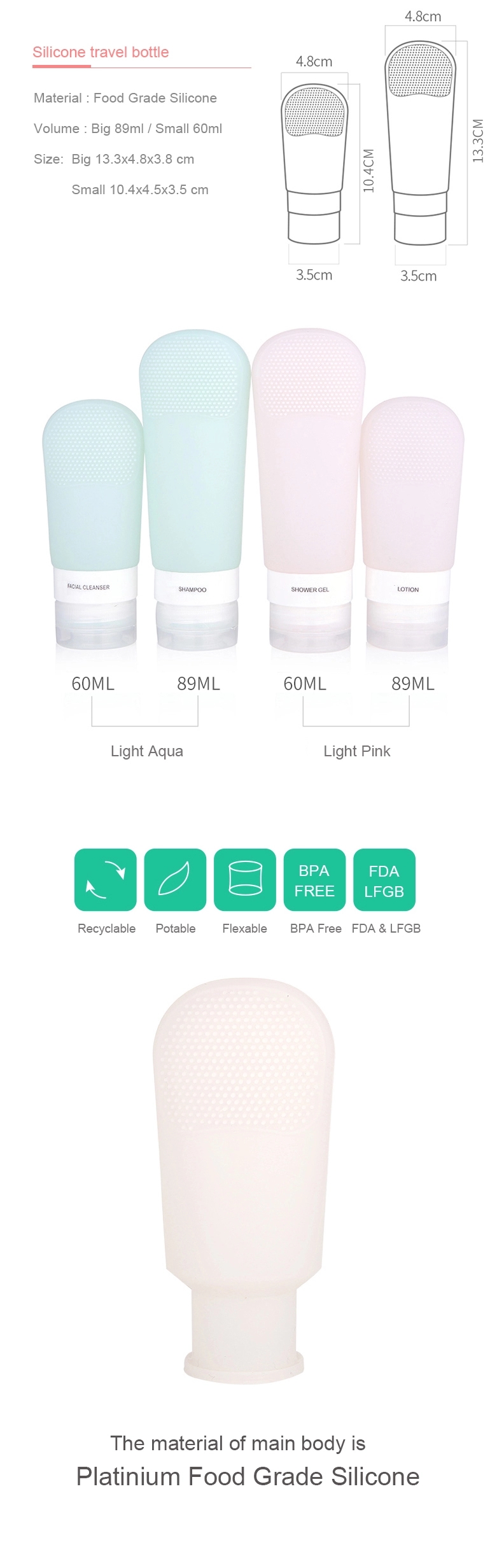 Squeezable Silicone Travel Bottles Set With Suction Cup