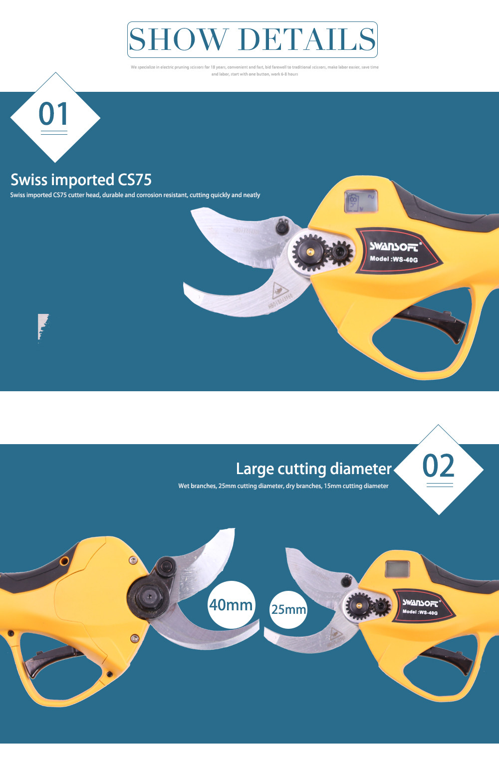 Swansoft 4.0CM Electric Fast-cutting Pruner Best Electric Pruning Shears with 25.2V 2.5Ah Battery for farm workers