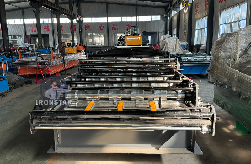 6 rib trapezoidal and 6 rib bamboo tile double layer roll forming machine in Romania 2 layer roll forming machine