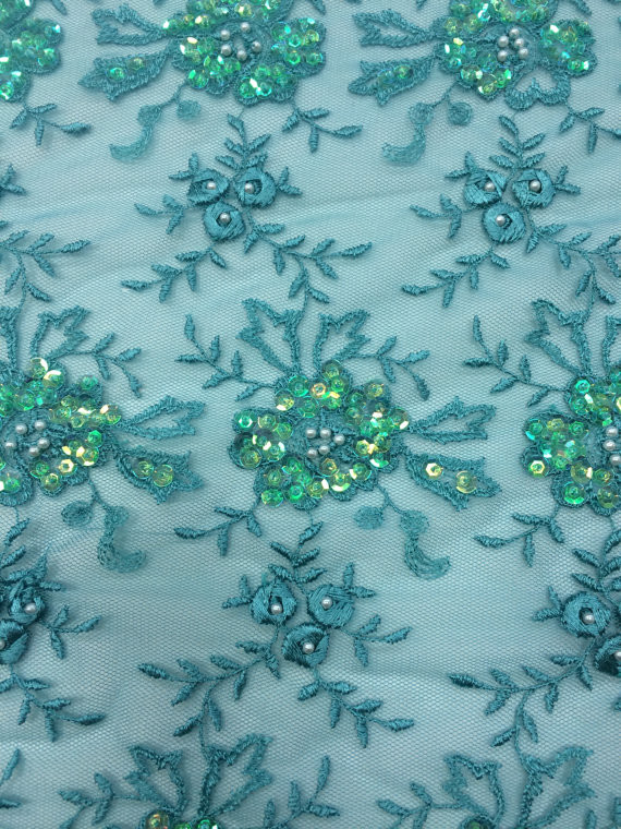 Green Scalloped Beaded Lace Fabric By The Yard For Wedding Bridals / Gowns