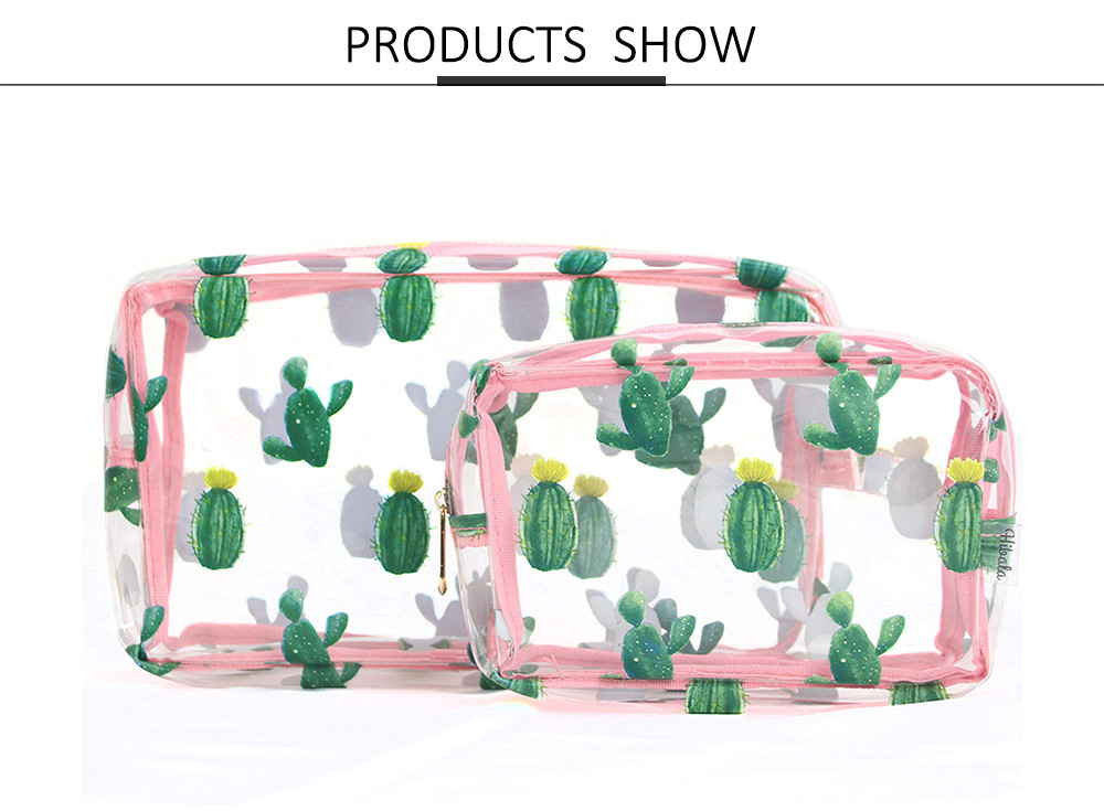 2pcs Zippered Cactus Print PVC Clear Travel Makeup Bag