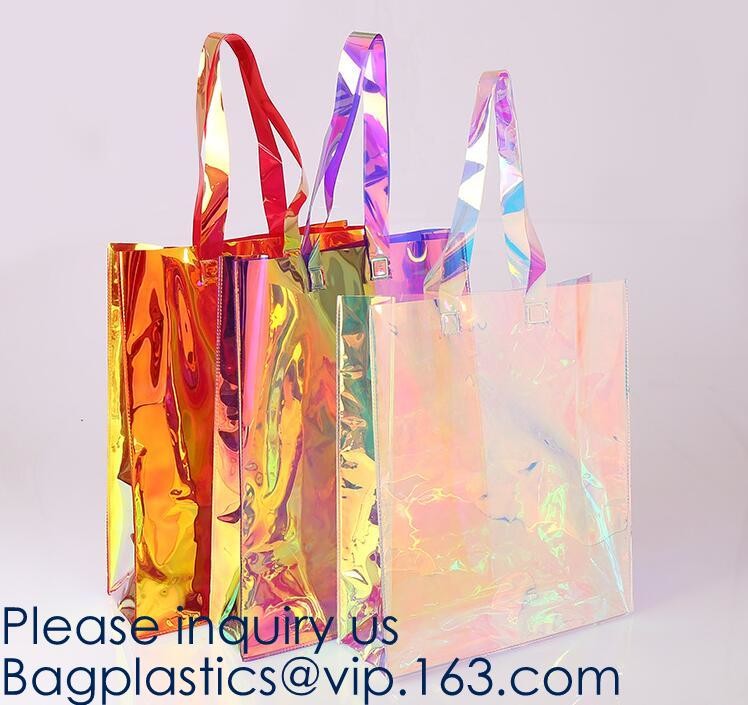 Waterproof All Over Printing PVC Coating Tote Shoulder Fabric Shopping Bag With Gusset And Lining,Jelly Clear Plastic PV
