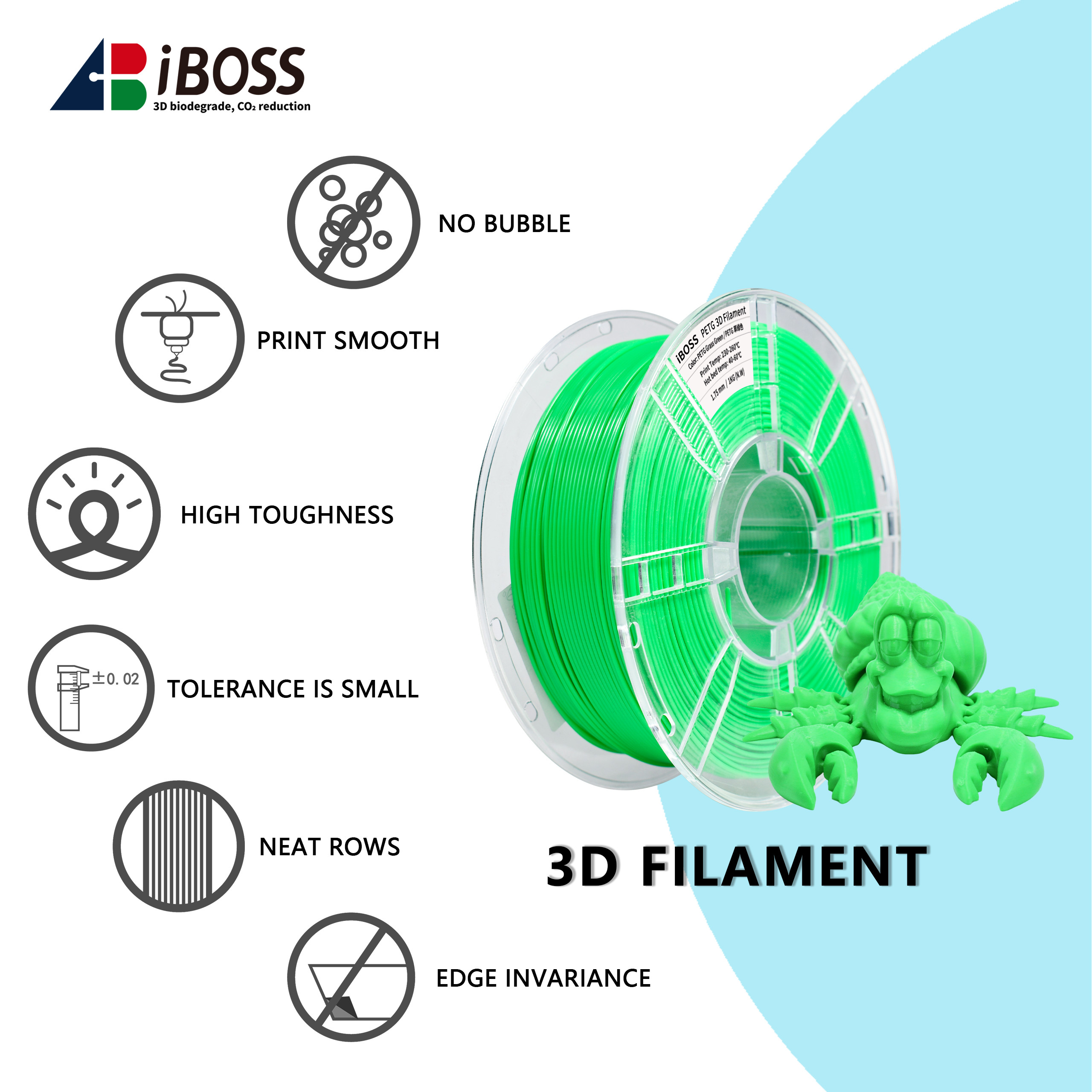 iBOSS PETG 3D Printer Filament Grass Green 1.75mm Toughness Enhanced 3D Printed
