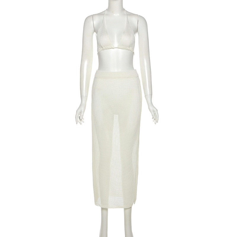 Women's Two Piece Casual Set Hanging Neck Small Vest Knitted Hollow Slim Skirt Suit