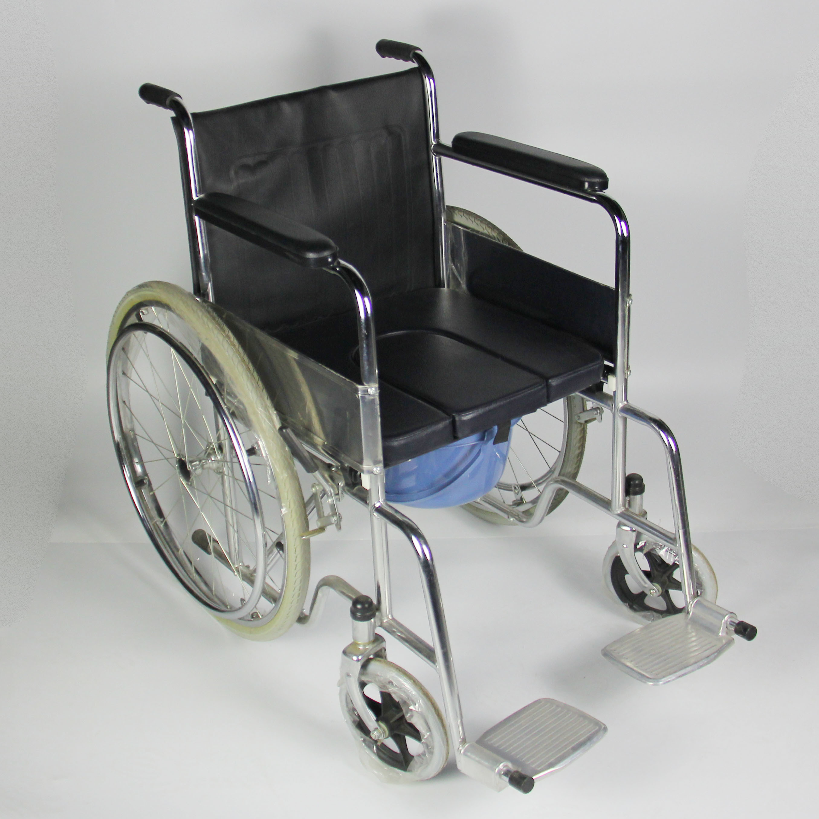 2 In 1 Folding Steel Wheelchair With Removable Seat Cushion Toilet Bowl Multipurpose Commode Chair