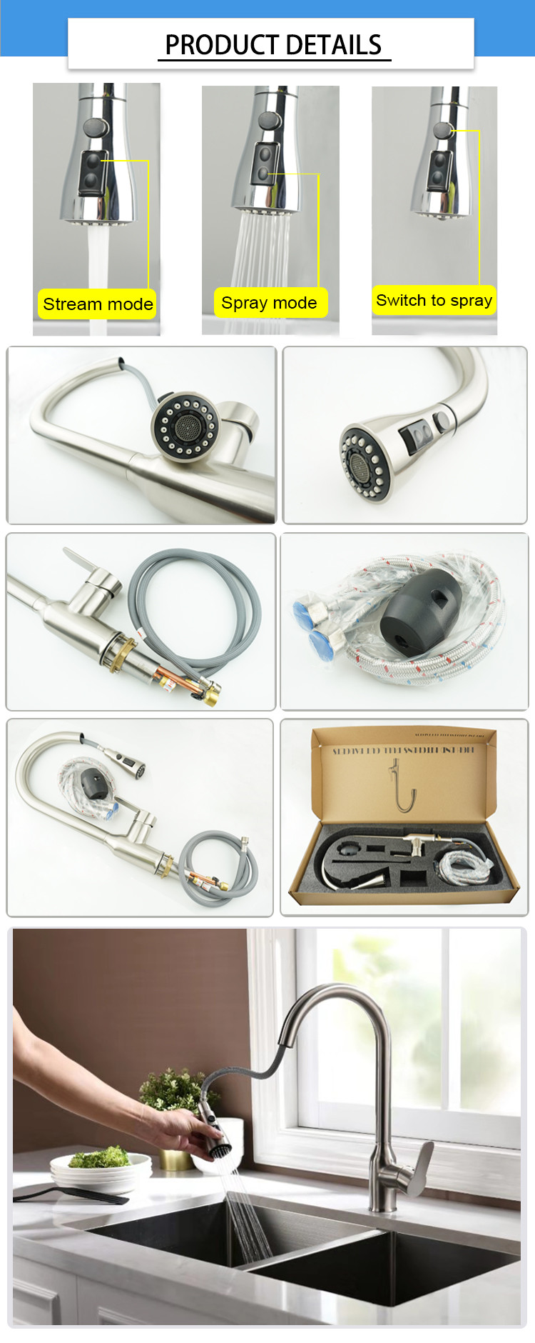 Wanhai Cartridge 60cm Hose Brass Pull Down Kitchen Faucet