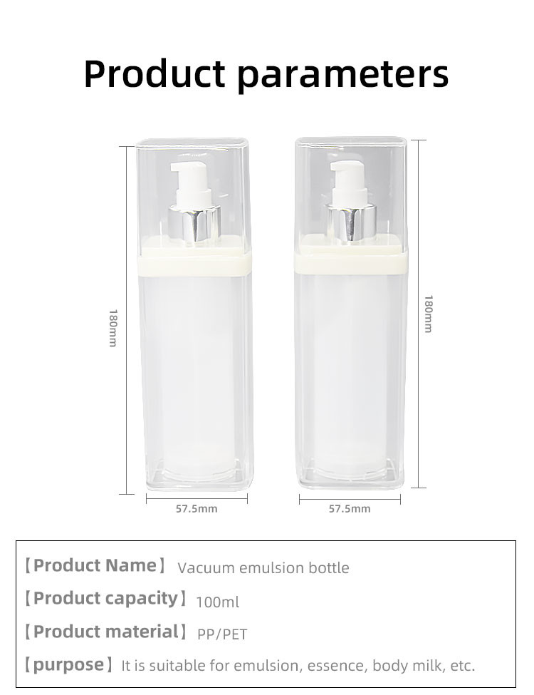 100ml Square PP Airless Pump Bottles For Hair Products Cosmetics
