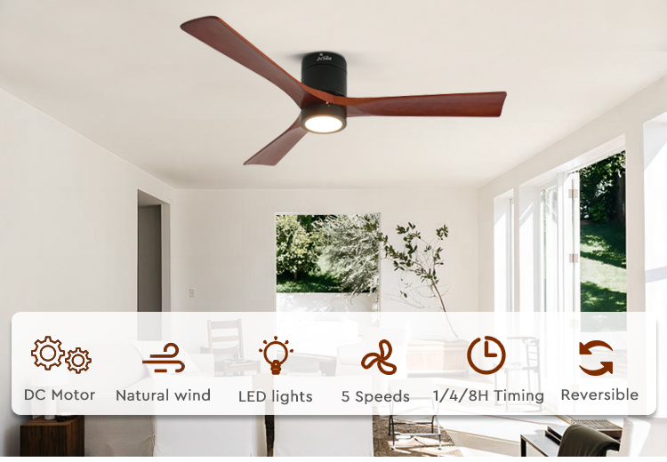 Modern 3 Blade Natural Wood LED Flush Mounted Ceiling Fan with 5 Speeds DC Motor