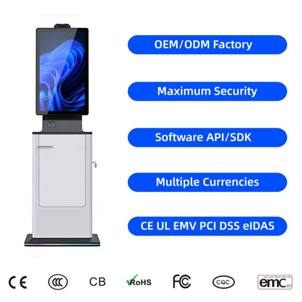 27 32.Inch Payment Terminal Floor Stand Self Service Touch Screen Passport Scanner Ticket Printer Hotel Check in Payment Kiosk