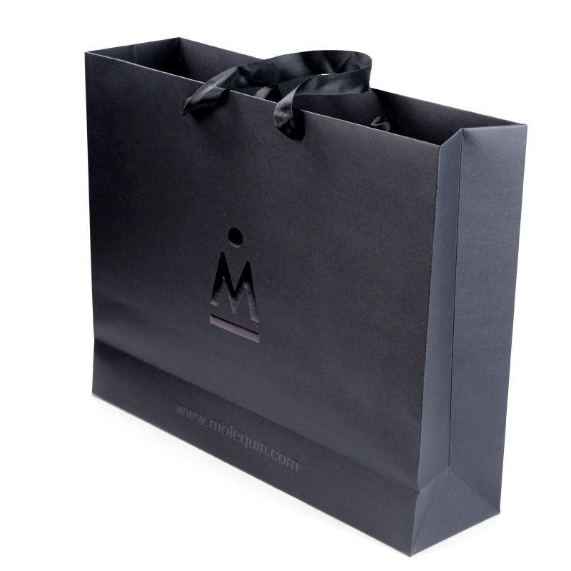 Custom Black Paper Shopping Bags With Ribbon Handles Stylish Product Packaging Box Design