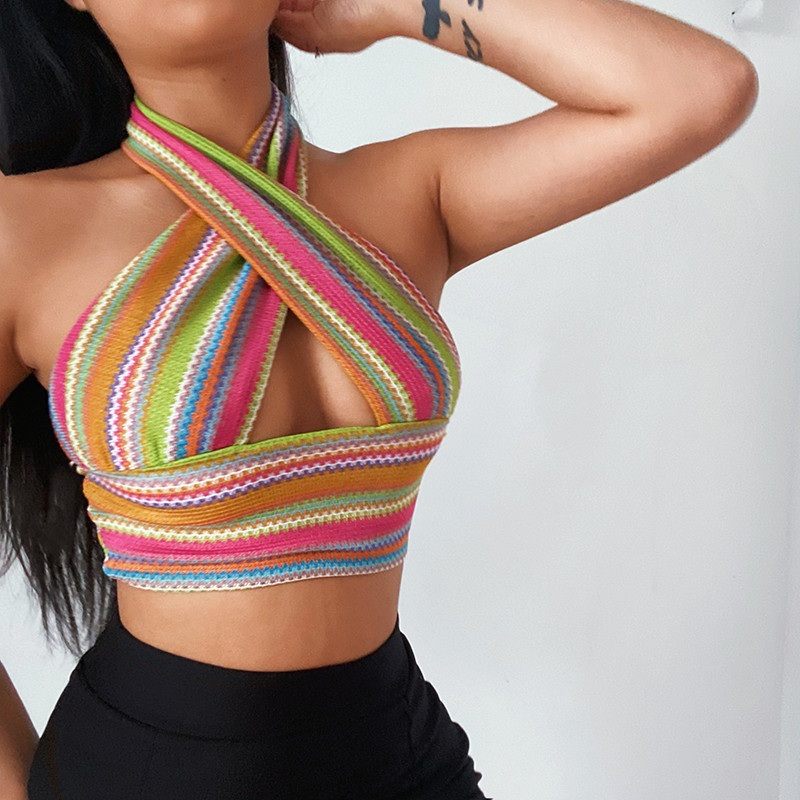 Colored Neck Sleeveless Sexy Slim Knit Cross Blouse Women