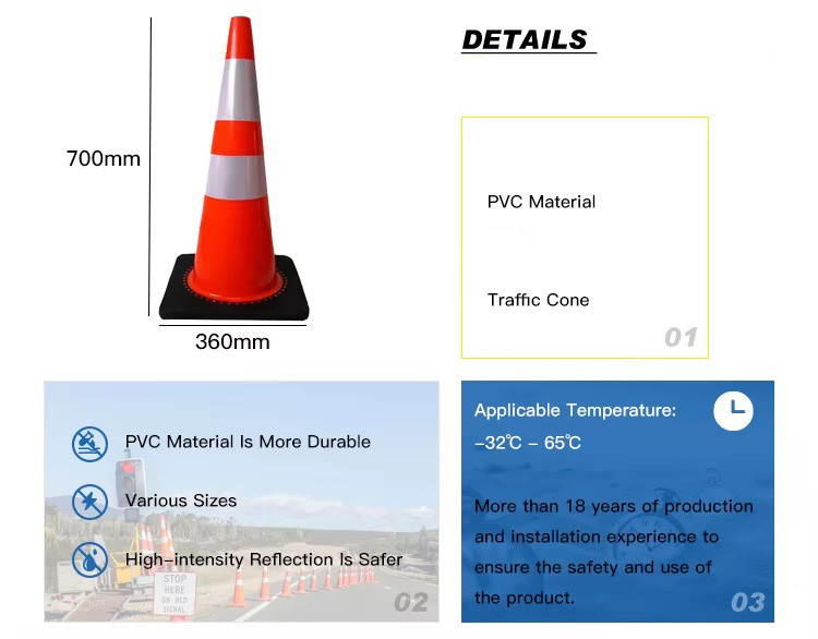 700mm Traffic Cones 28" Black Base PVC Flexible Highway Construction Cones