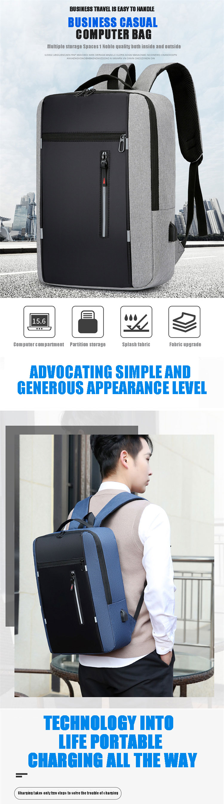 Sympathybag Wholesale Multi-Functional Men Casual Computer Waterproof School Rucksack Bag Laptop Backpack with USB