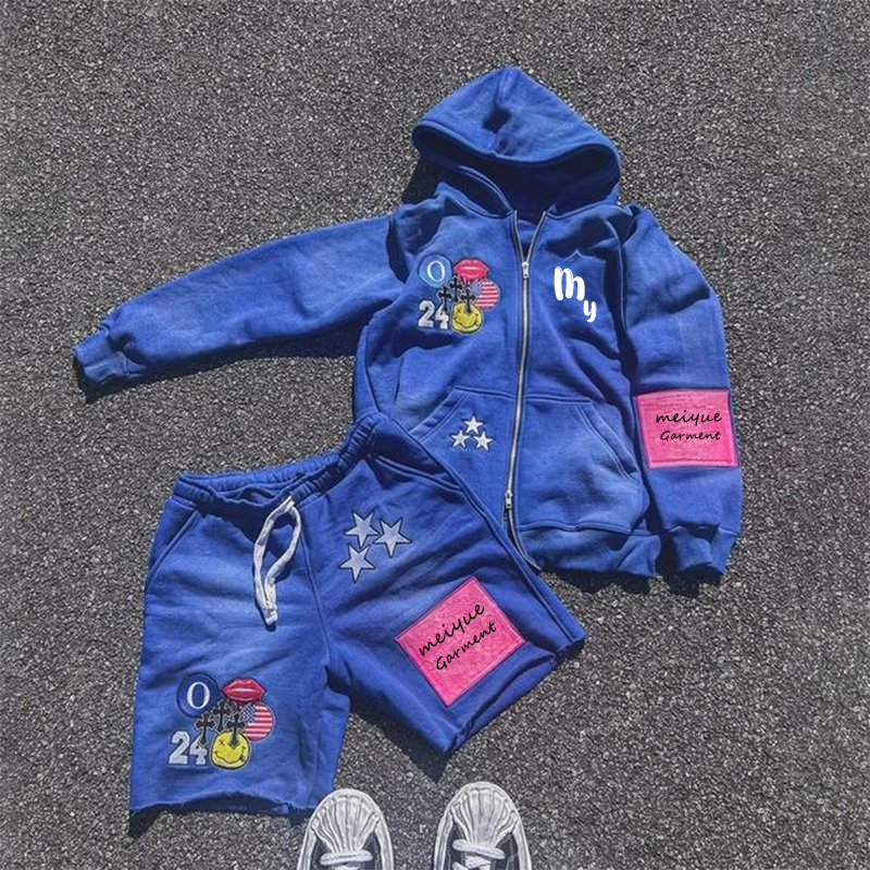 Custom Zip up Jacket Acid Wash Vintage Zipper Hoodie Sun Faded Shorts Sweatsuits Unisex Sets Zip up Hoodie and Short Jogger Set