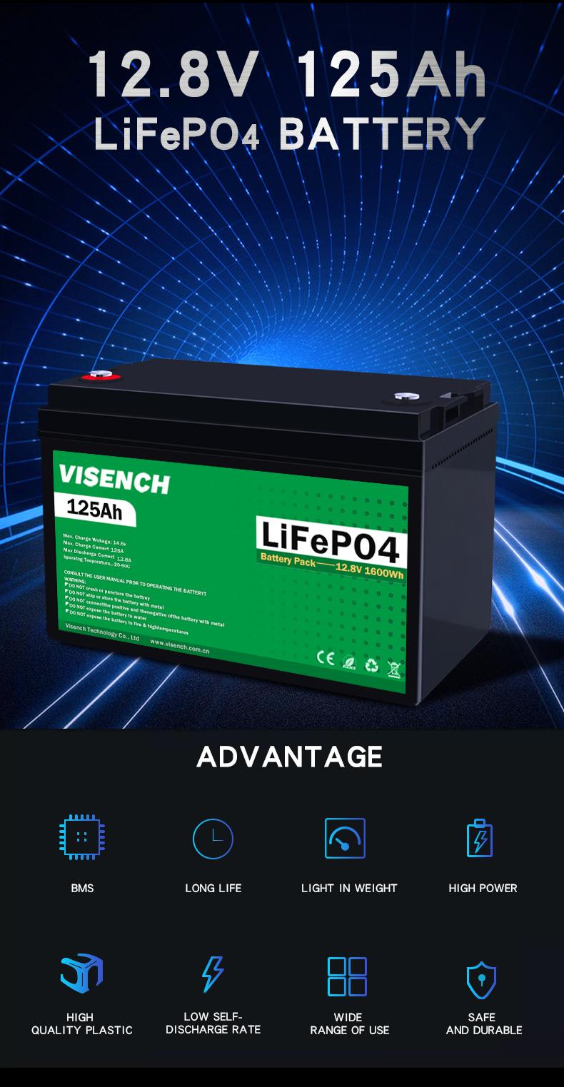 Visench Energy Storage Battery Customization 12V 125Ah Rv Lithium Iron Phosphate Battery 12V Lifepo4 Battery