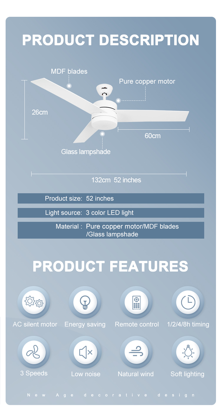 110-240V/50Hz-60Hz 52 Inch Ceiling Fan with Remote Control and OEM Color Wood Blades
