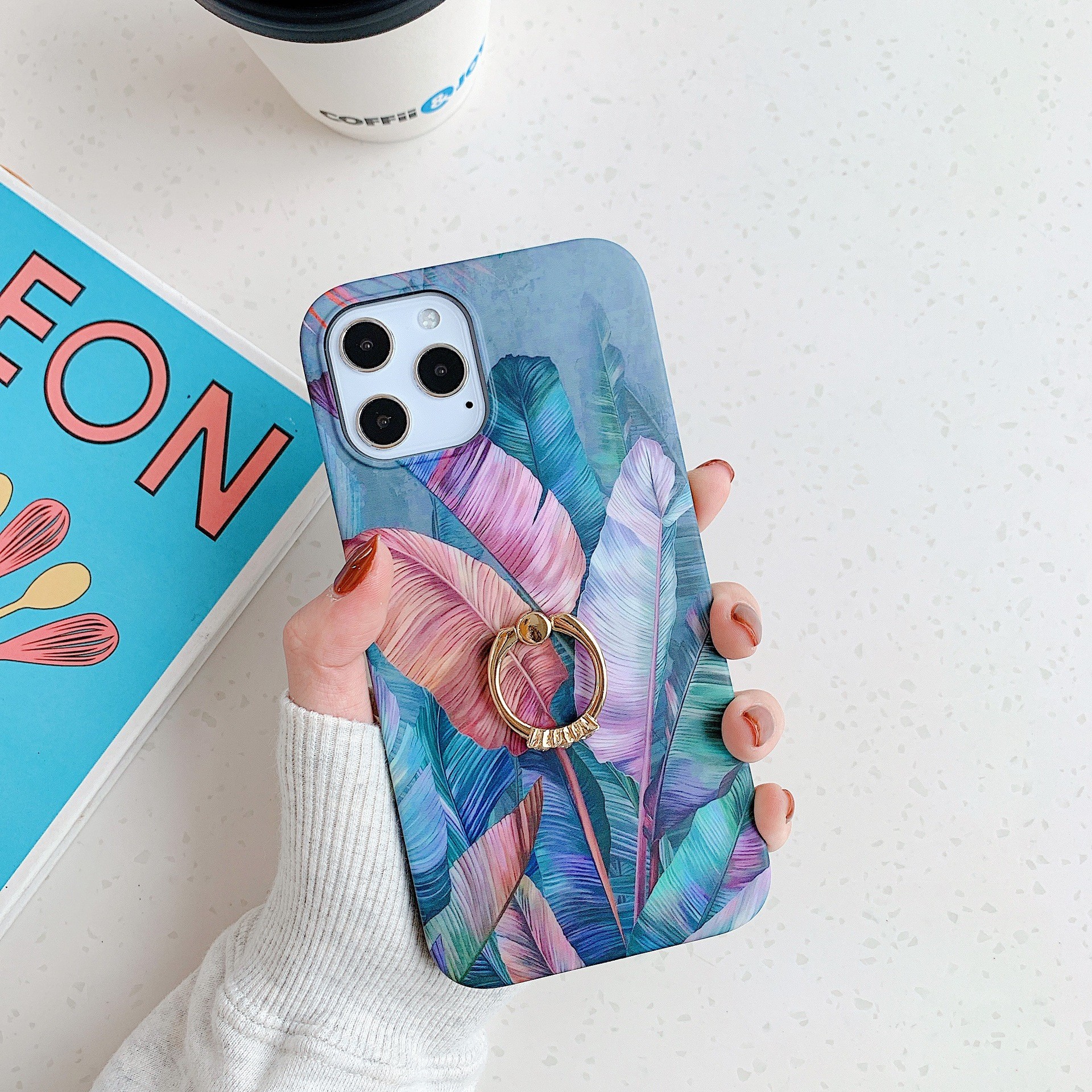 Anti Drop Finger Grip Phone Case IMD TPU Floral Pattern Ring Holder for Iphone 12