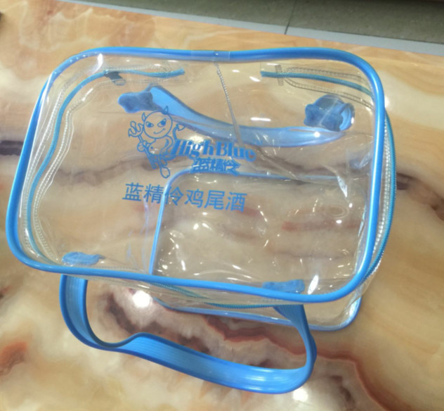 Heat Seal Zipper Blue PVC Wine Bag , Plastic Ice Wine Bags With Handle