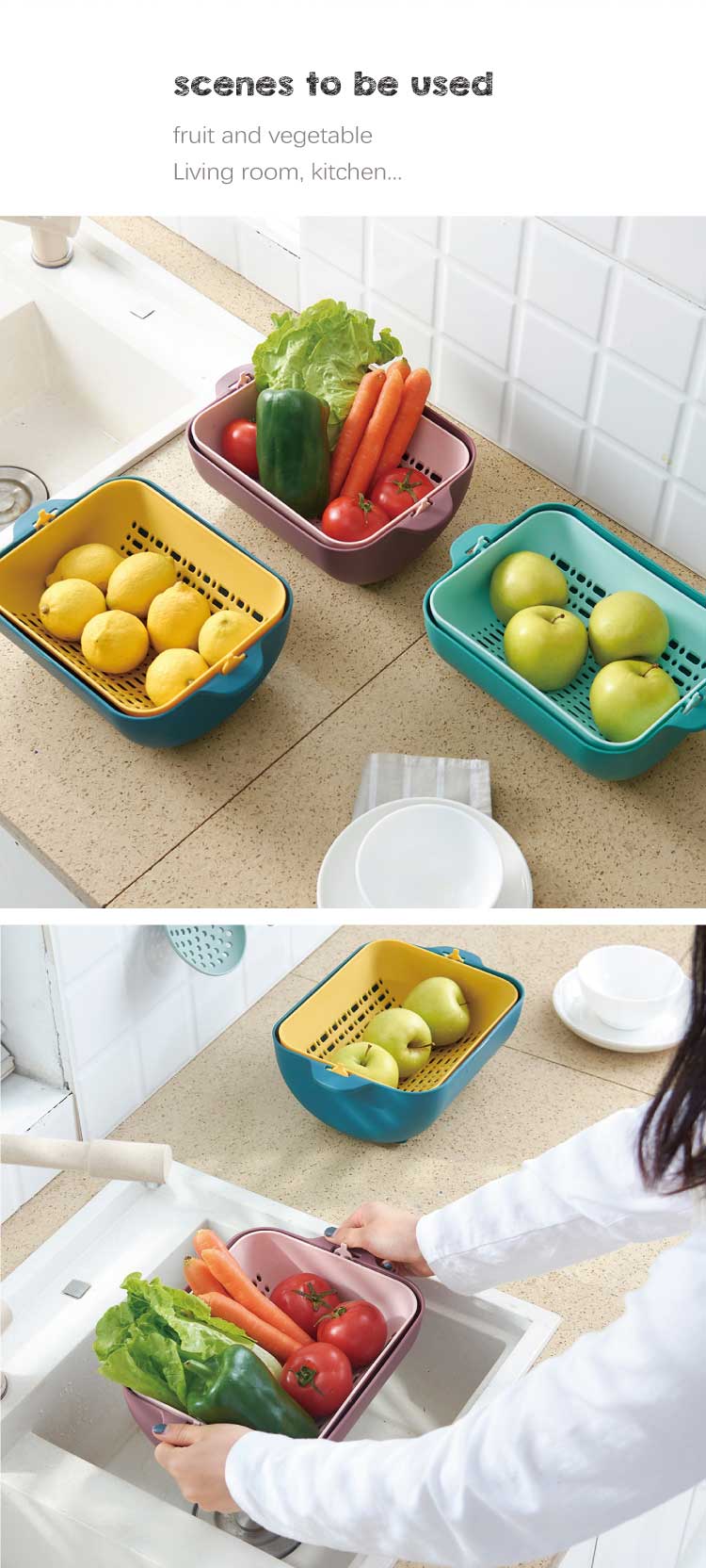 ODM PP Double Fruit And Vegetable Drain Basket Sustainable Green Yellow